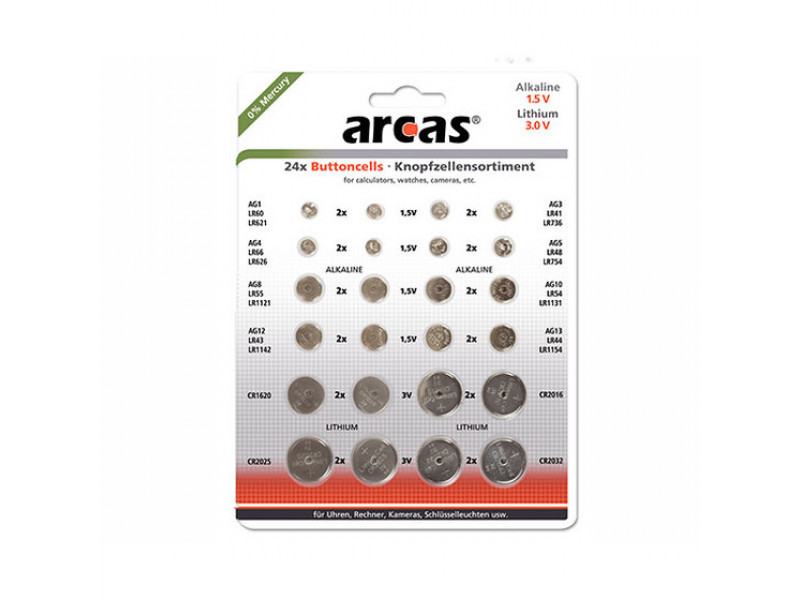 Batterie Arcas Knopfzellen-Set AG1 bis CR2032 0% Mercury (24 St.)