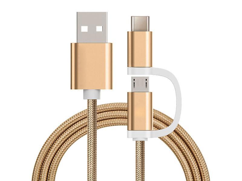 Reekin Kabel (2in1 MicroUSB & USB-C) 1 Meter (Gold-Nylon)