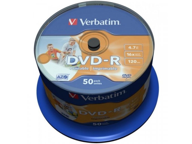 DVD-R 4.7GB Verbatim 16x Inkjet white Full Surface 50er Cakebox 43533