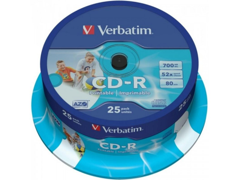 CD-R 80 Verbatim 52x DLP Inkjet white 25er Cakebox 43439