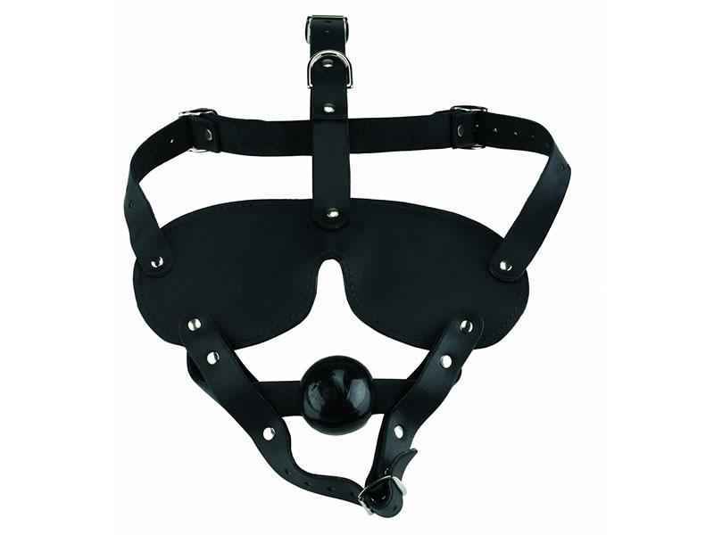 HEAD HARNESS BLINDFOLD, LEDERMASKE MIT MUNDKNEBEL, SCHWARZ