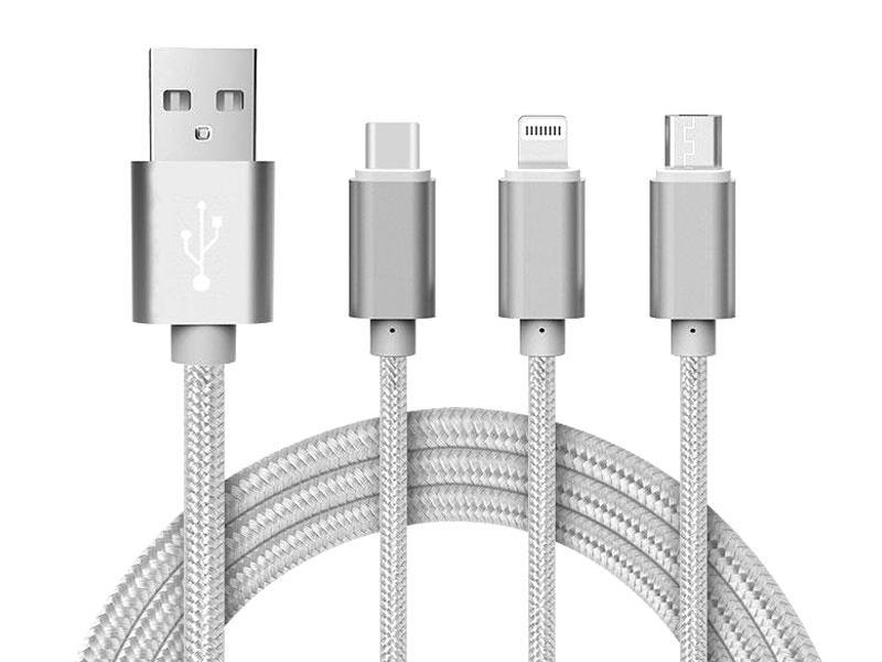 Reekin Kabel (3in1 MicroUSB, Lightning & USB-C) 1,2 Meter (Silber-Nylon)