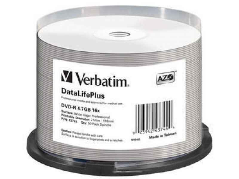 Verbatim DVD-R 4.7GB/120Min/16x Cakebox (50 Disc) InkJet Printable 43744