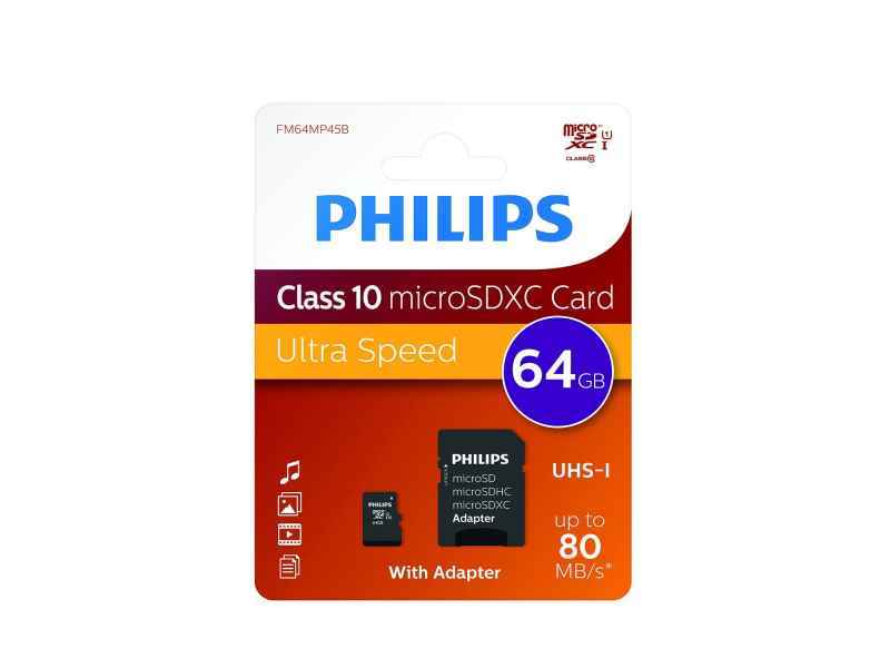 Philips MicroSDXC 64GB CL10 80mb/s UHS-I +Adapter Retail