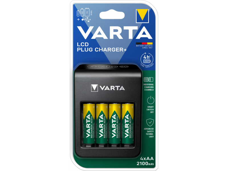 Varta Akku Universal Ladegerät, LCD Plug Charger inkl. Akkus, 4x Mignon, AA