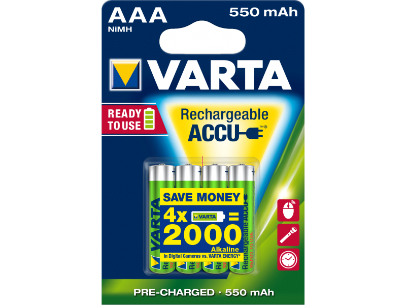 Varta Akku Micro, AAA, HR03, 1.2V/550mAh Accu Power (4-Pack)