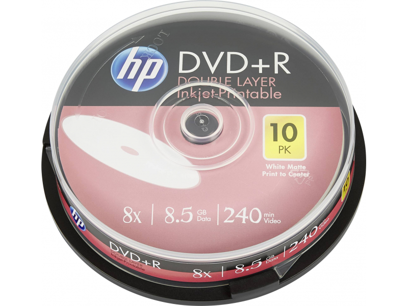 HP DVD+R DL 8.5GB/240Min/8x Cakebox (10 Disc) Printable Surface DRE00060WIP