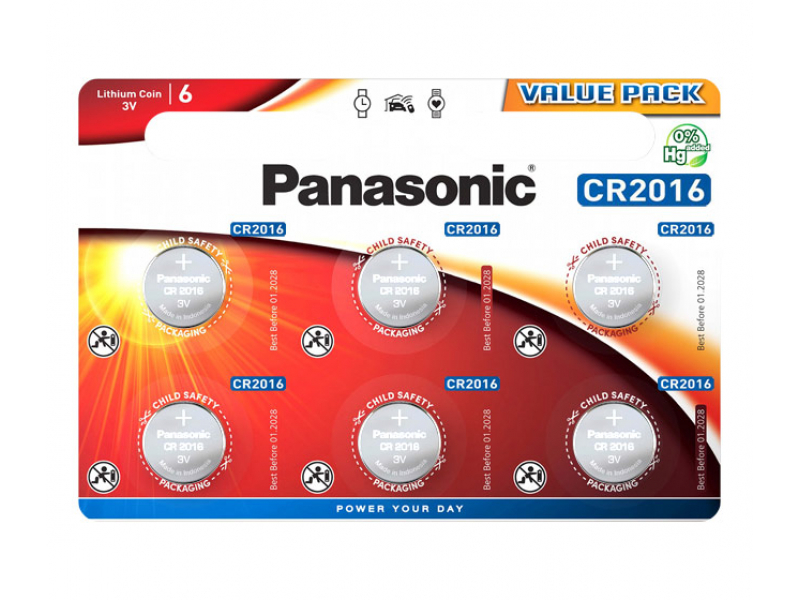 Panasonic Batterie Lithium CR2016, 3V Lithium Power, Blister (6-Pack)