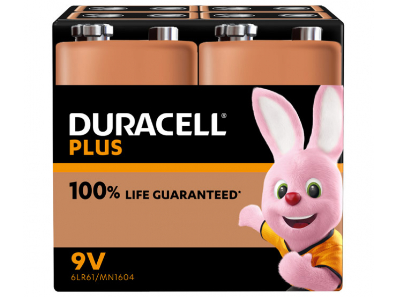 Duracell Batterie Alkaline, E-Block, 6LR61, 9V - Plus, Blister (4-Pack)