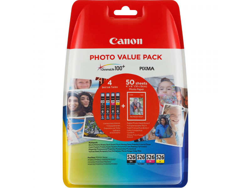 Canon Tinten Multipack CLI-526BK/526C/526M/526Y - inkl. 50 Blatt Fotopapier