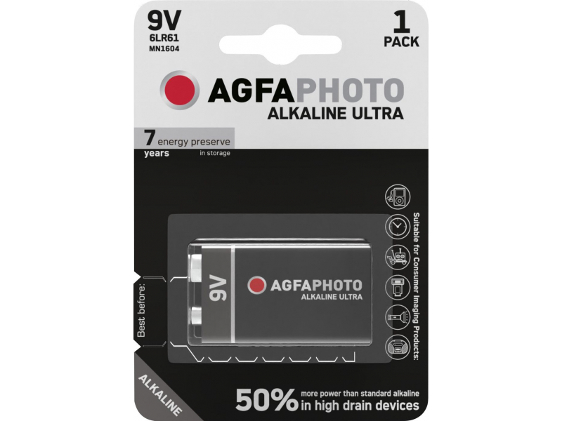 AGFAPHOTO Batterie Alkaline, E-Block, 6LR61, 9V, Blister (1-Pack)